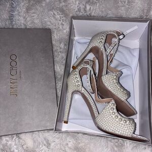 Jimmy Choo heels, White Satin Sandals with All-Over Pearls